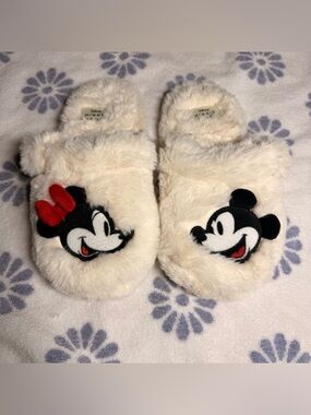Disney Cream Fuzzy Minnie & Mickey Slip-On Slippers with Red Bow